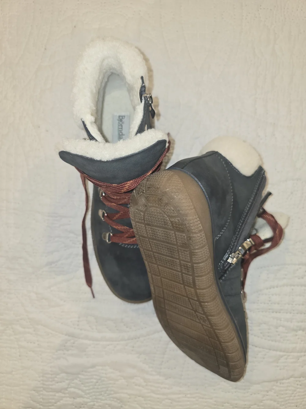 Bjorndahl Blue/Gray Winter Boots With Rust Colored Lace-ups And Cream Sherpa